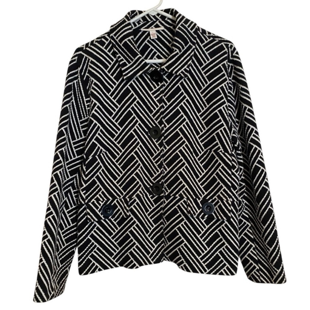JM Collection Black White Geo Print Soft Knit Blazer Jacket Size Large